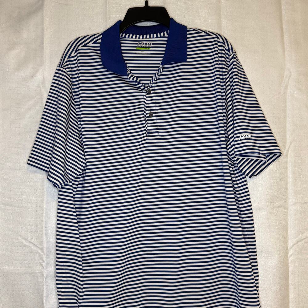 IZOD PerformX Golf Blue White Striped Polo Shirt Size L Performance
